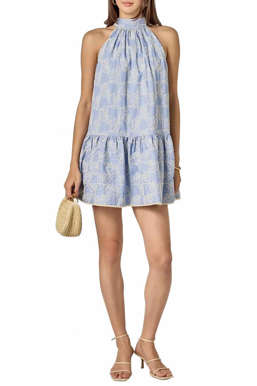 NEW ENGLISH FACTORY embroidered sleeveless ruffle hem halter dress in blue strip